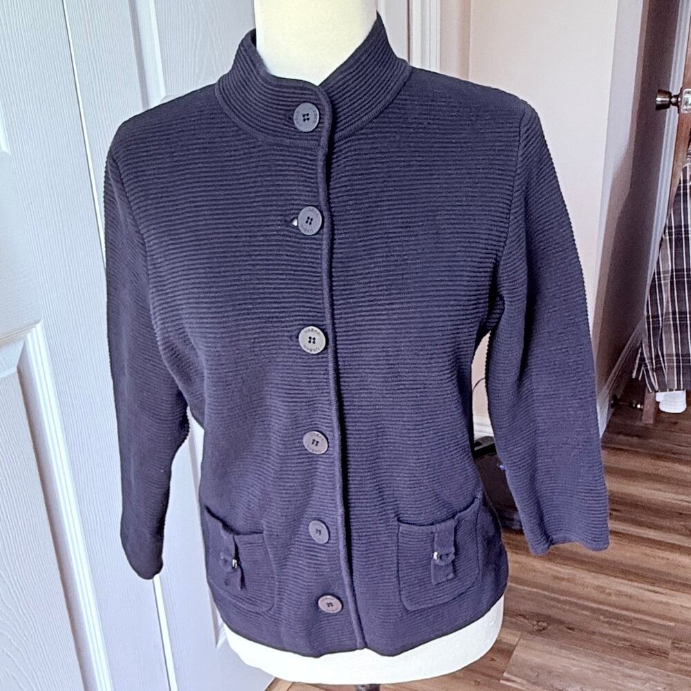 VTG Y2K Liz & Co Petite Medium All Cotton Navy Blue Ribbed Knit Sweater Jacket